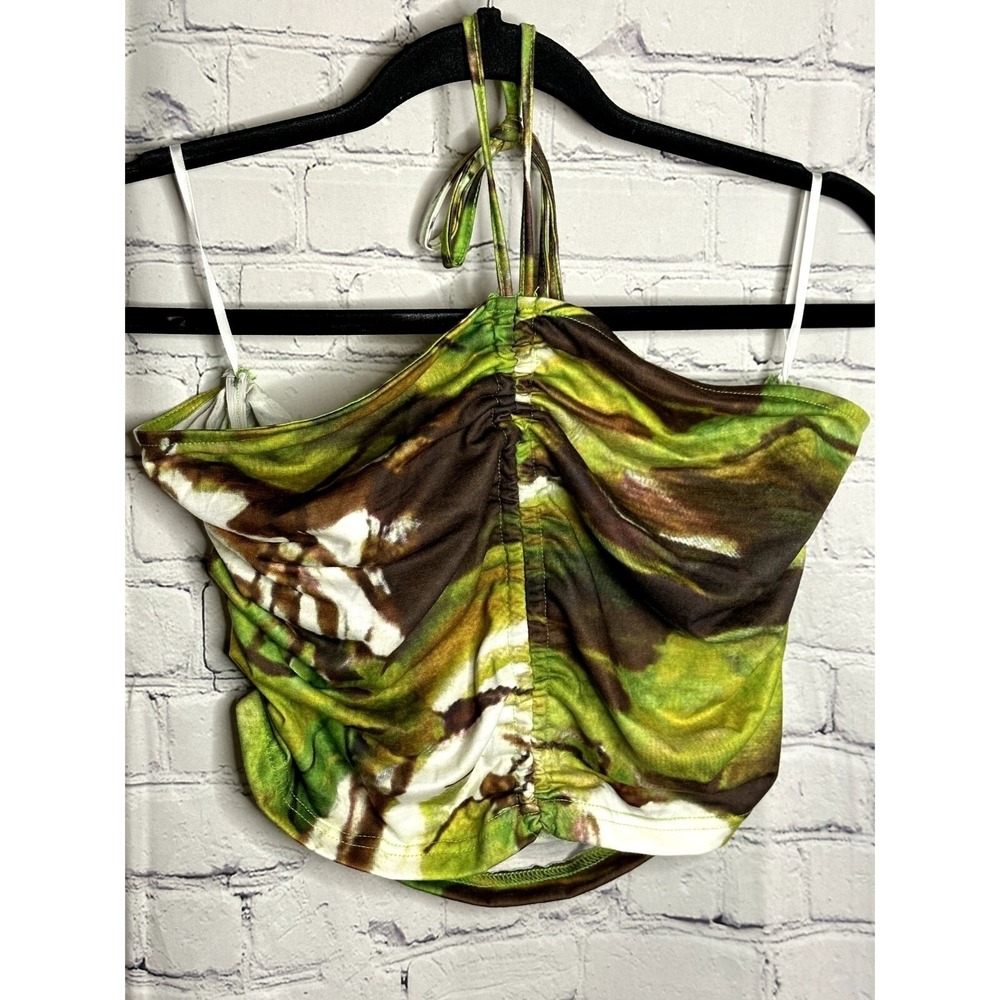 Shein Curve 2XL Green Brown Tie Dye Ruched Halter Neck Crop Top Sleeveless
